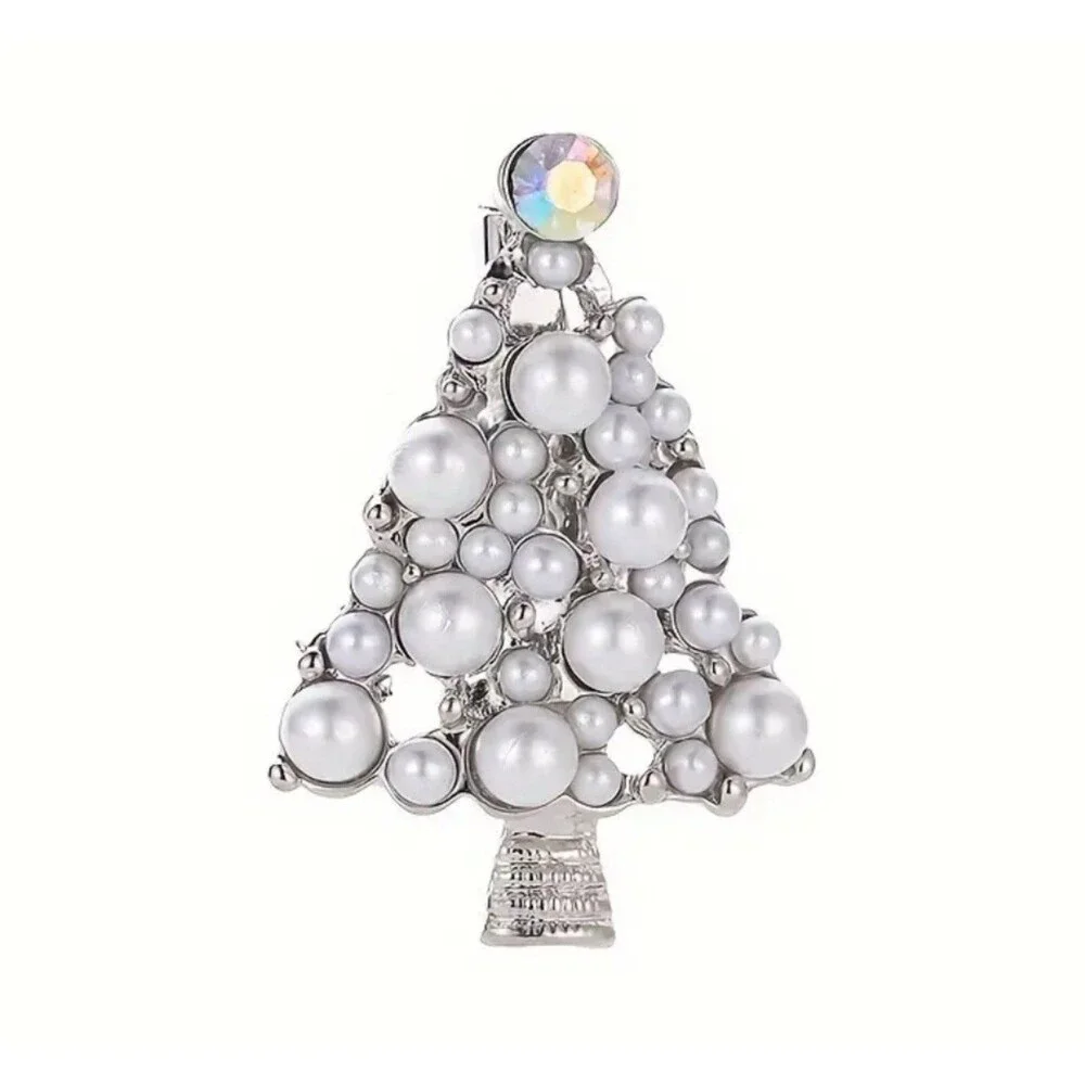 Silver Pearl Christmas tree brooch‎ with gems